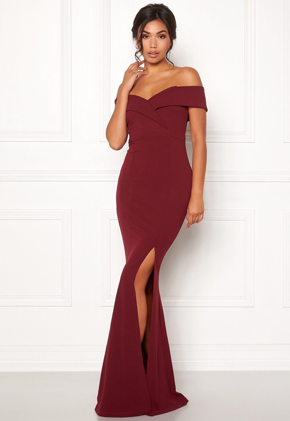 red off shoulder gown