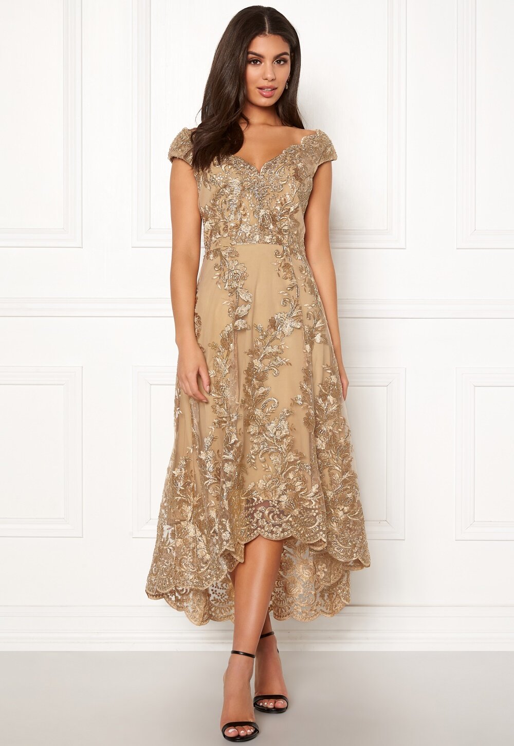 Goddiva Embroidered Lace Dress Gold - Bubbleroom