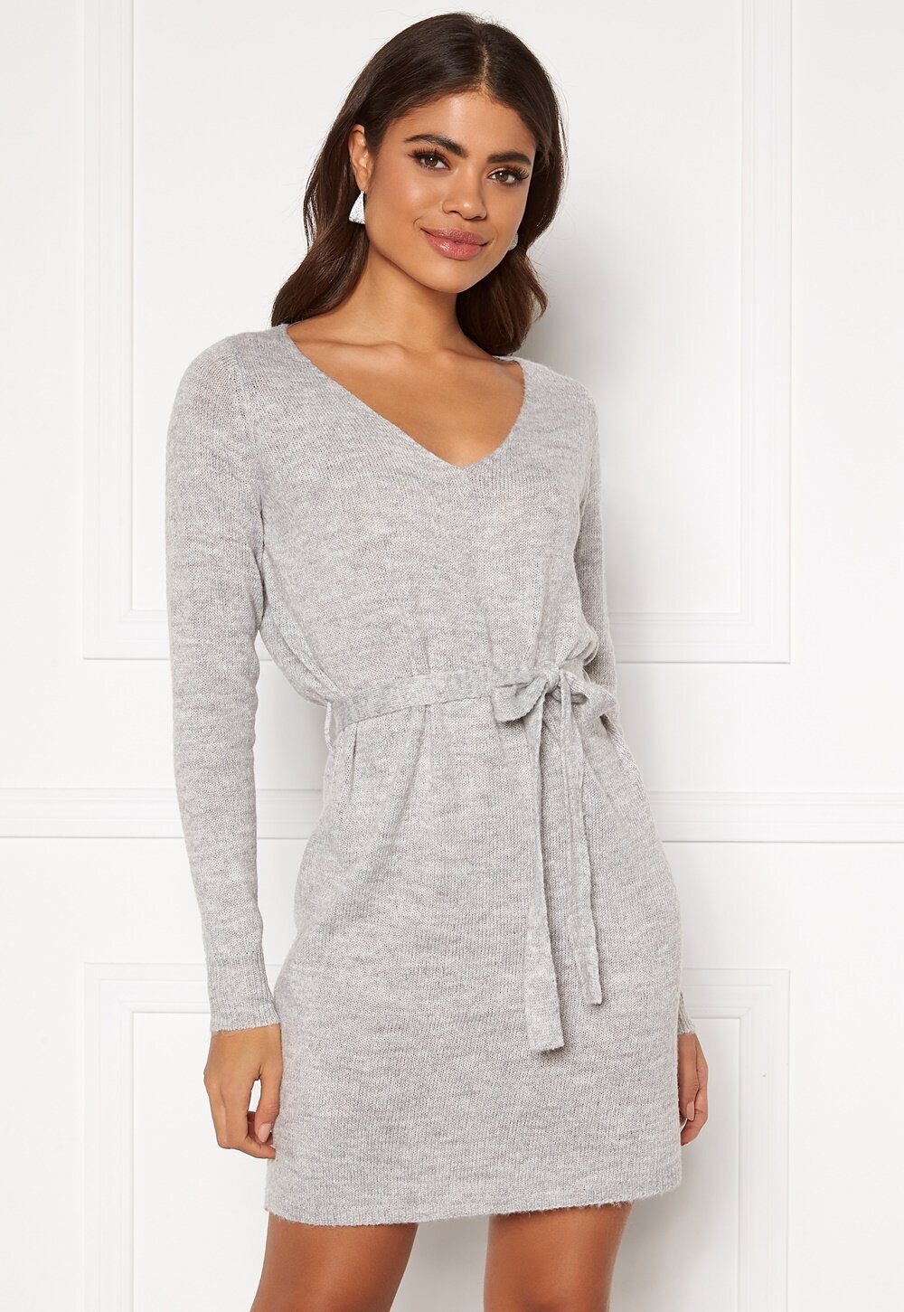 VILA Suril L/S VNeck Short Knit Dress Light Grey Melange Bubbleroom