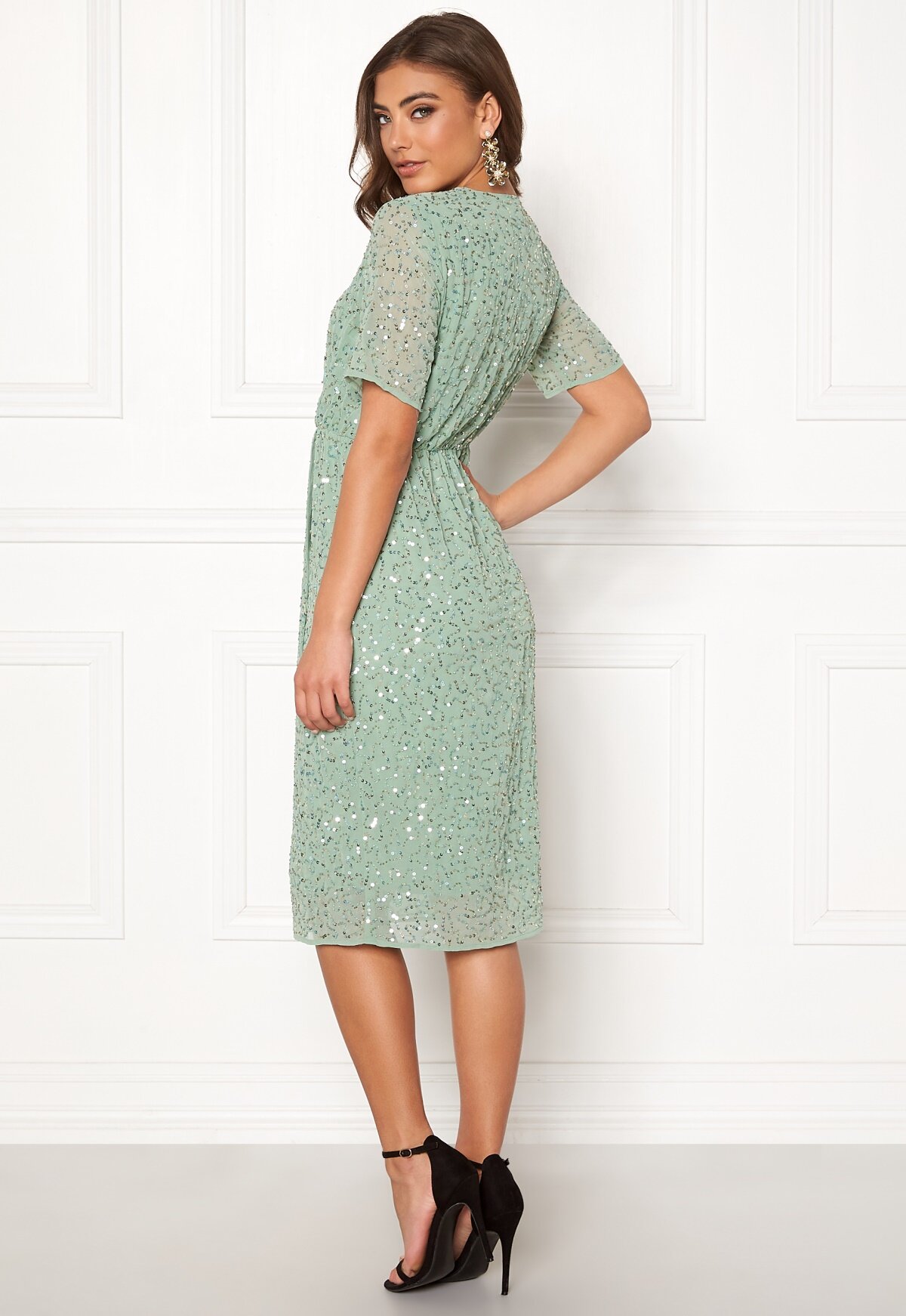 three quarter sleeve beaded mesh godet gown in green granite