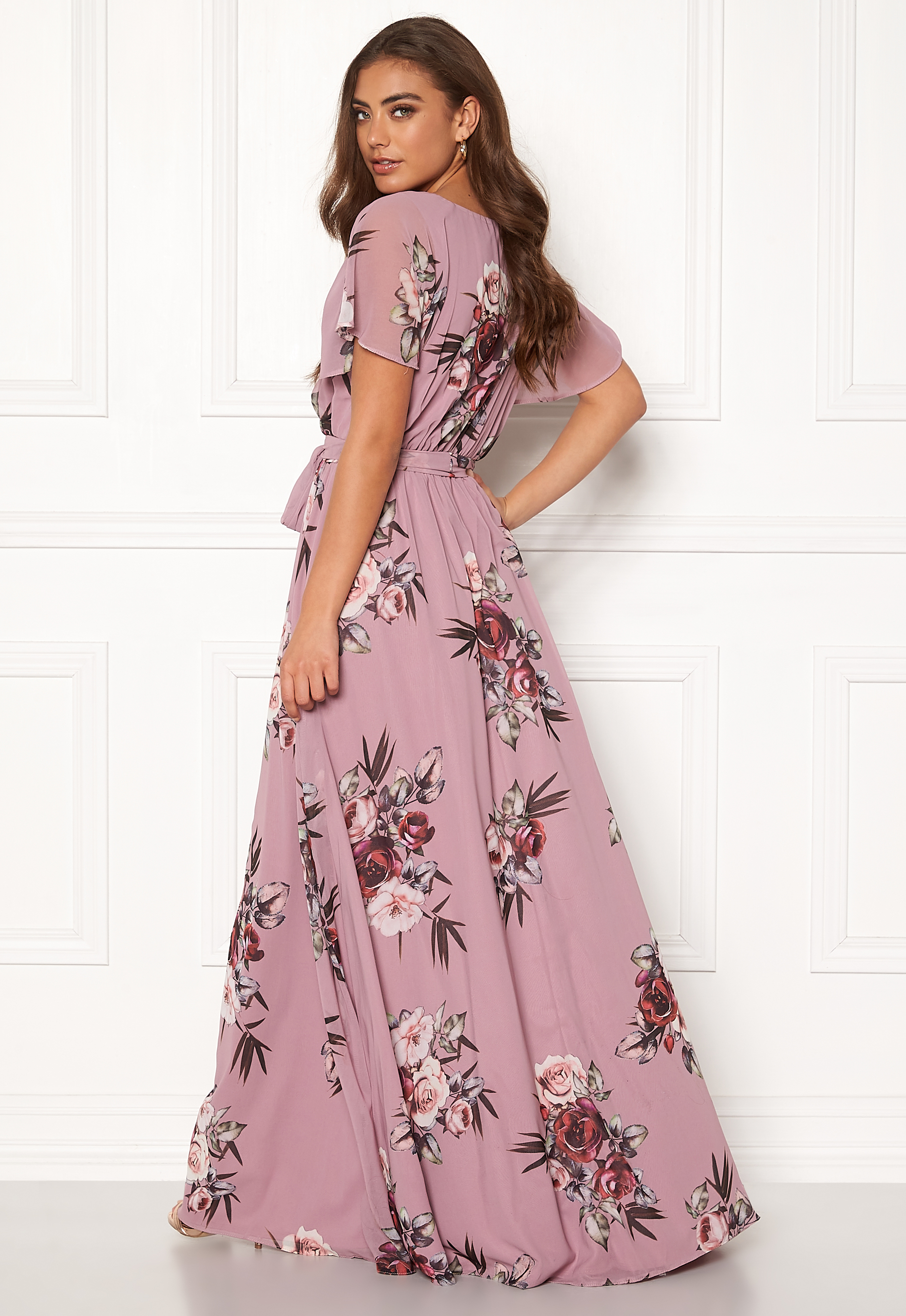 Goddiva Floral Sleeve Maxi Dress Lavender - Bubbleroom