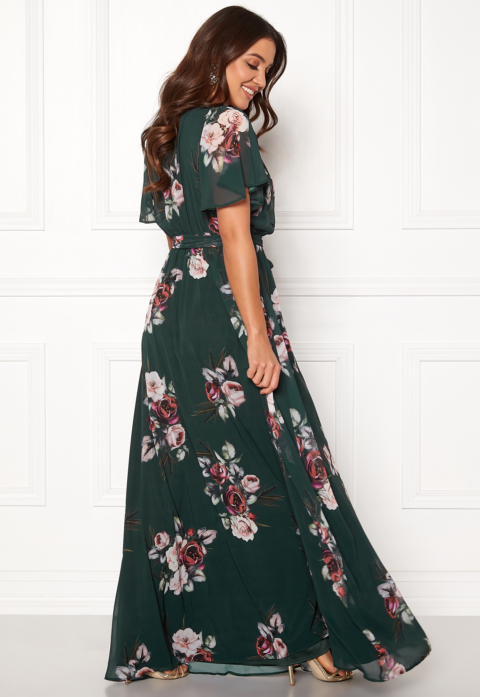 Goddiva Floral Sleeve Maxi Dress Green - Bubbleroom