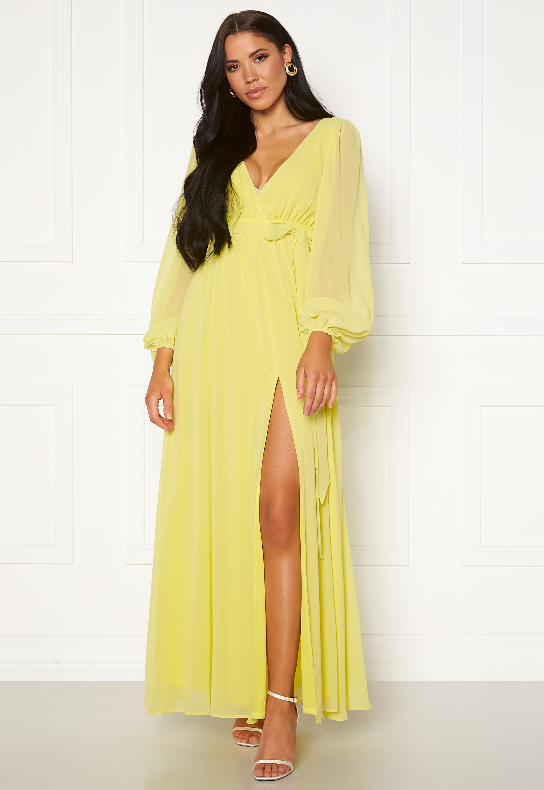 long yellow chiffon dress