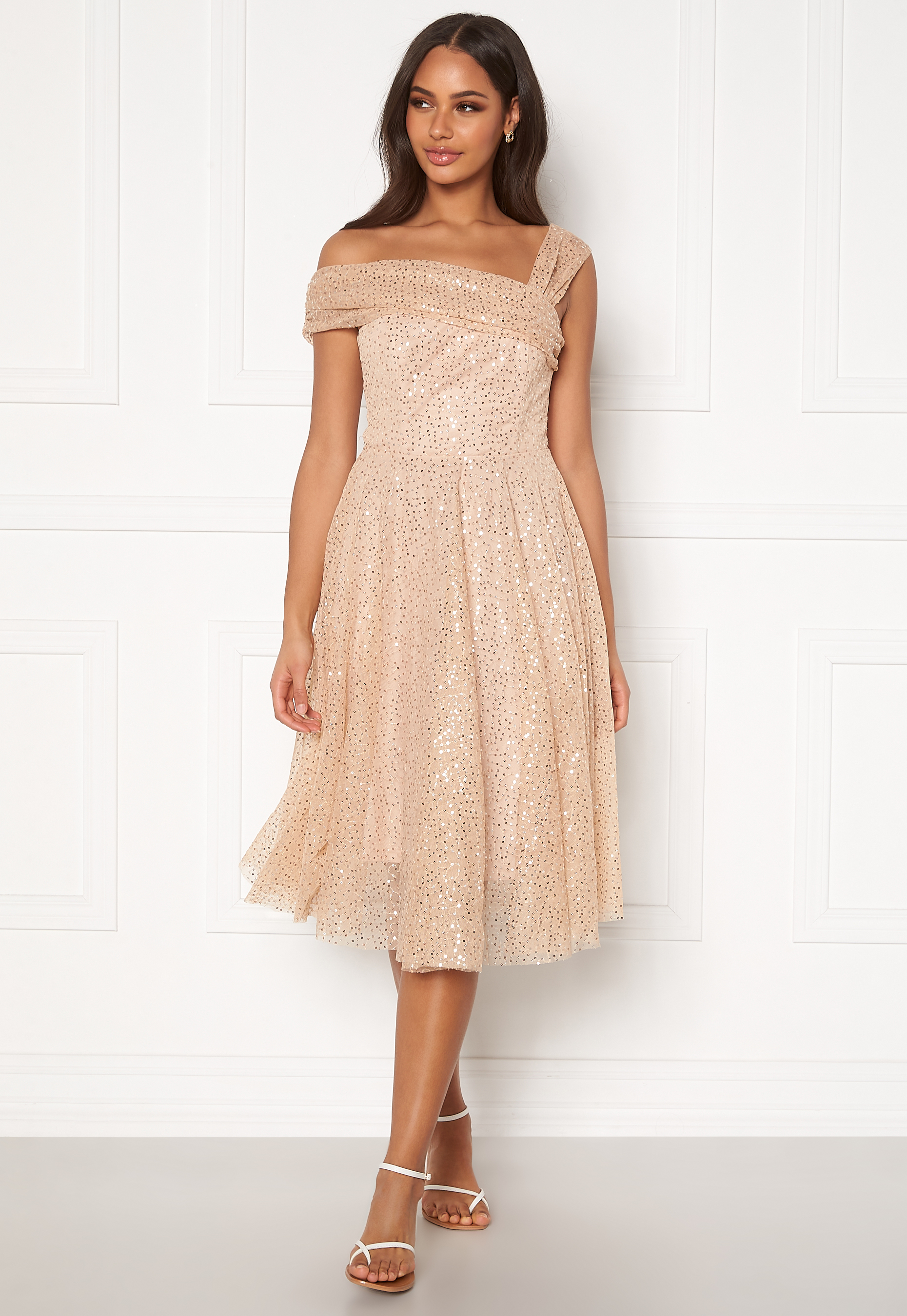 champagne bardot dress