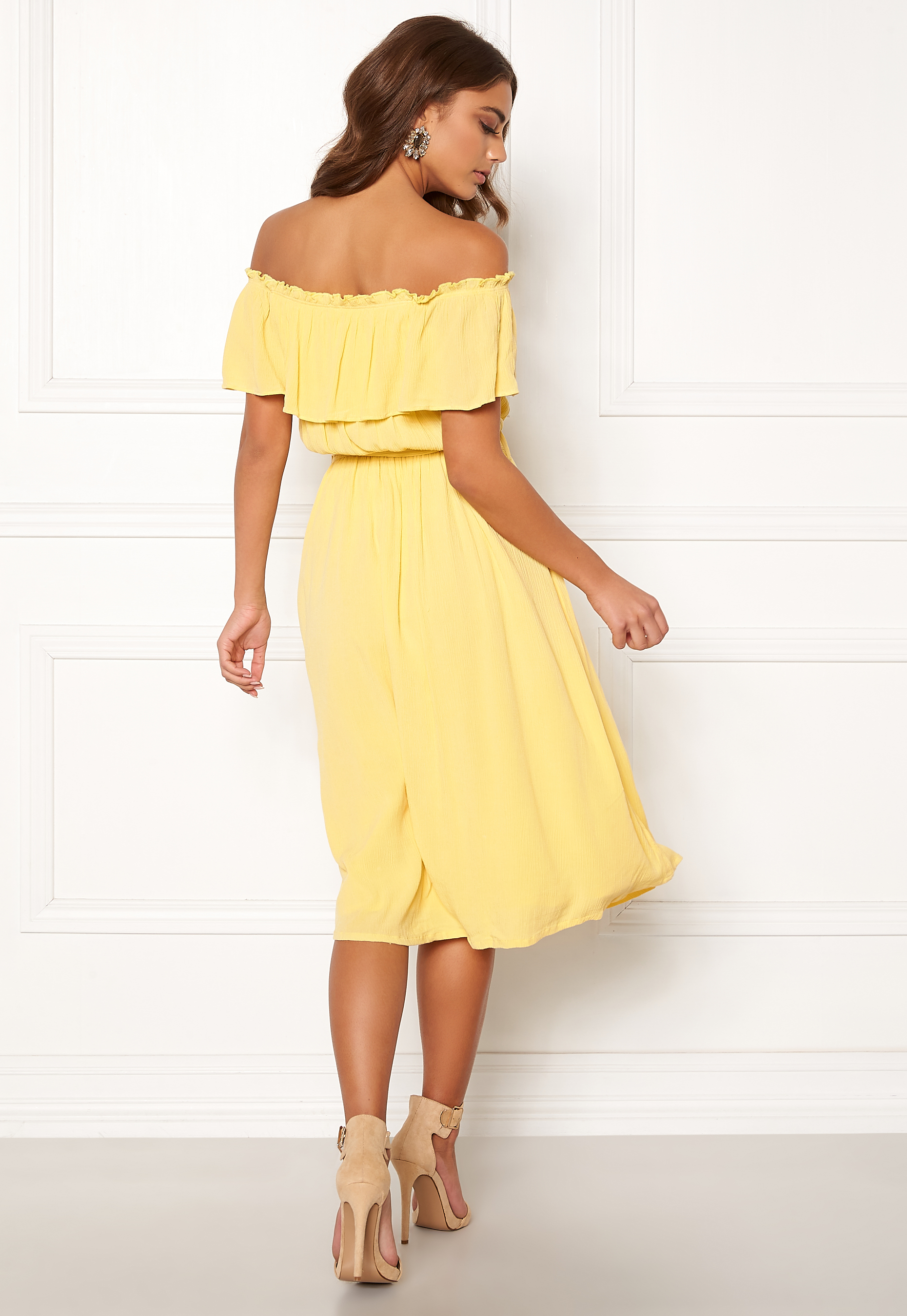 light yellow off the shoulder dress