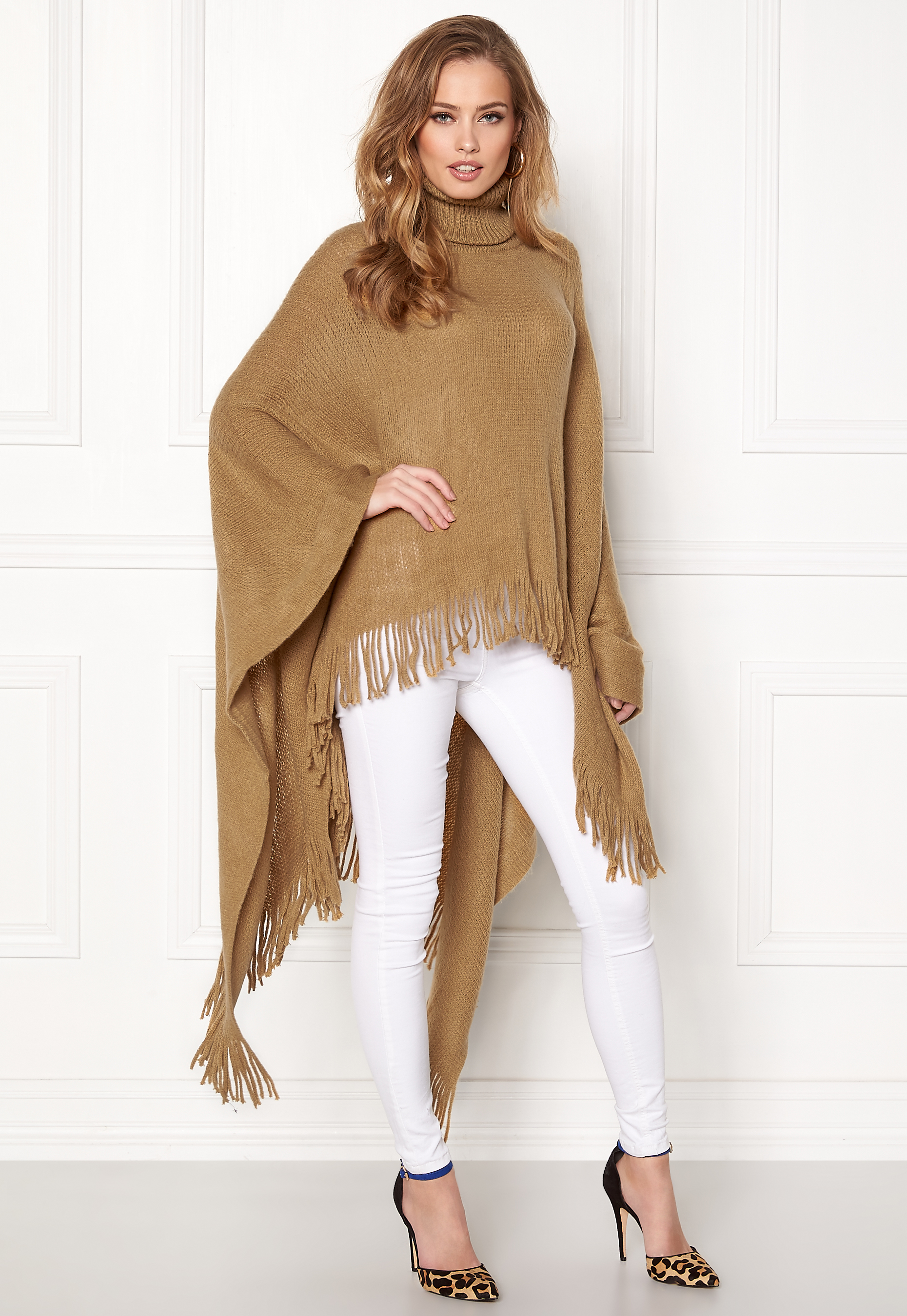 Qed London Roll Neck Fringed Poncho Camel Bubbleroom