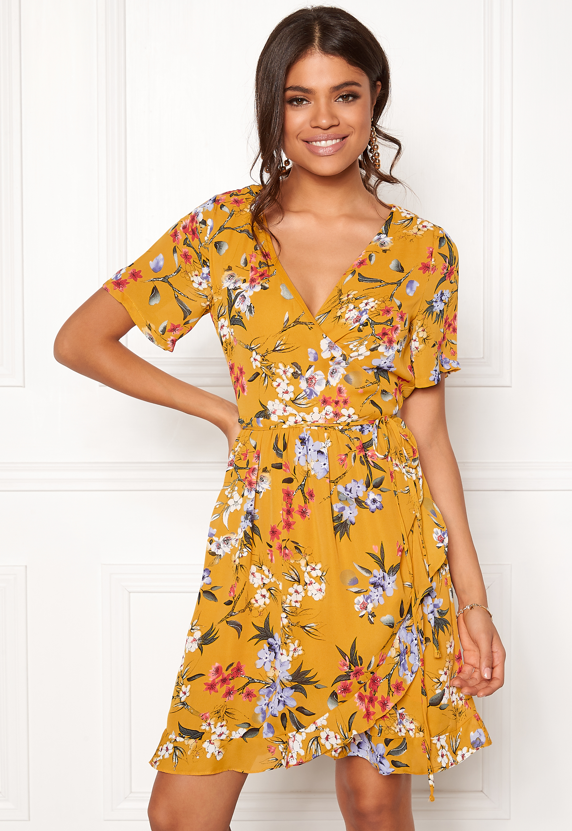 yellow flower wrap dress